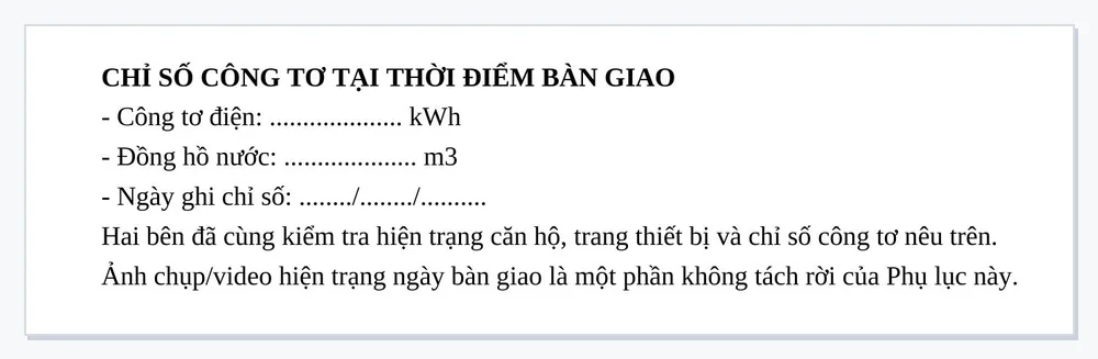 Khối ghi chỉ số công tơ điện và đồng hồ nước tại thời điểm bàn giao căn hộ
