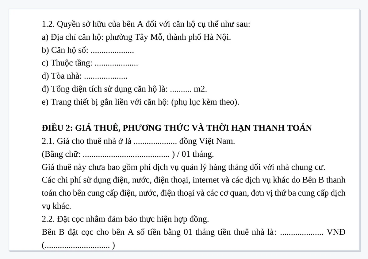 Điều khoản giá thuê, phương thức thanh toán và đặt cọc trong hợp đồng thuê căn hộ chung cư